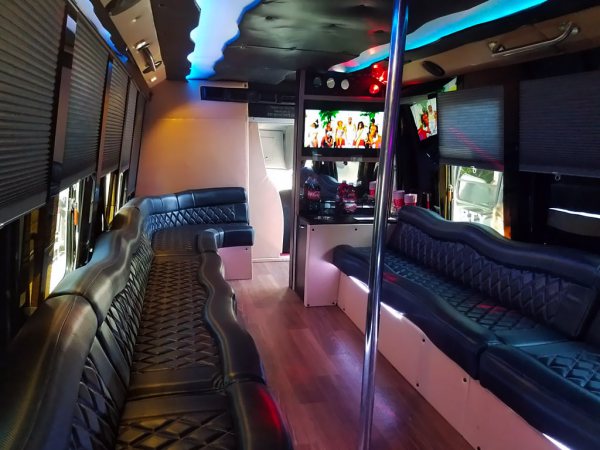 A forward facing view of the elegant modern interior party bus.