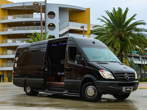 Tampa charter bus near columbia restaurant in Tampa Bay.