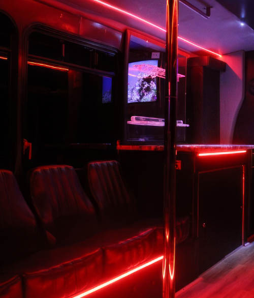 Inside our super clean Mercedes Sprinter limo bus