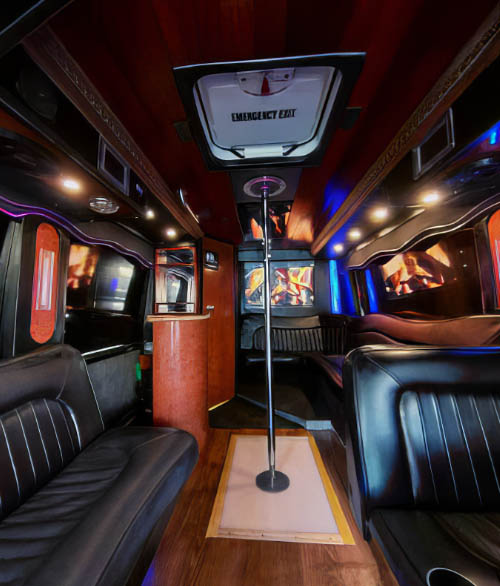 Party bus with dance floor and pole