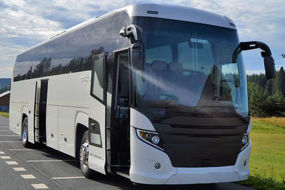 Black and white charter bus rental exterior