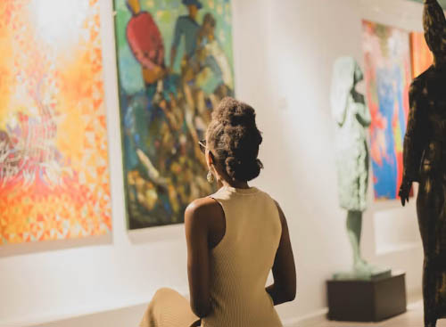 Woman in yellow dress viewing art
