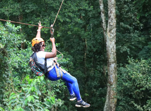 Woman ziplining